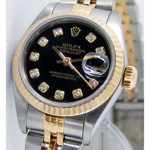 Rolex Date Just Gold Silver Black Dial Diamond 5678 Women